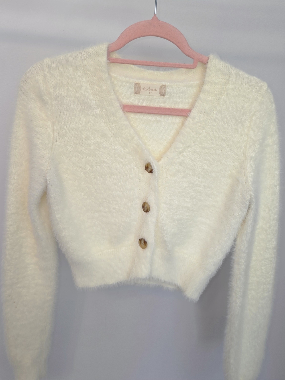 Altar'd State Cream Fuzzy V-Neck Button Cardigan
